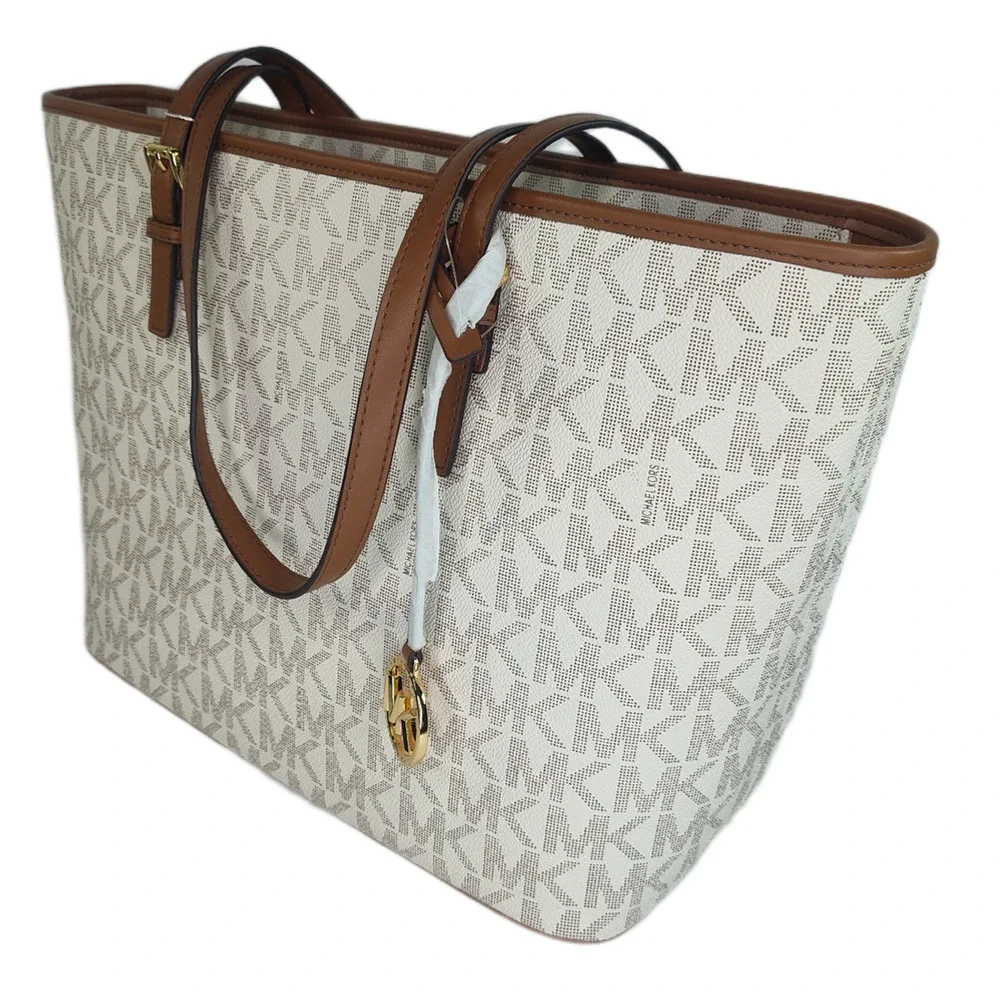 Michael Kors Quinn Large Signature Logo and Leather Tote - Vanilla/Acorn - NWOT